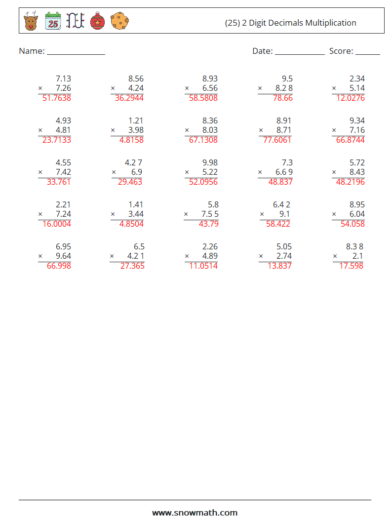 (25) 2 Digit Decimals Multiplication Maths Worksheets 13 Question, Answer