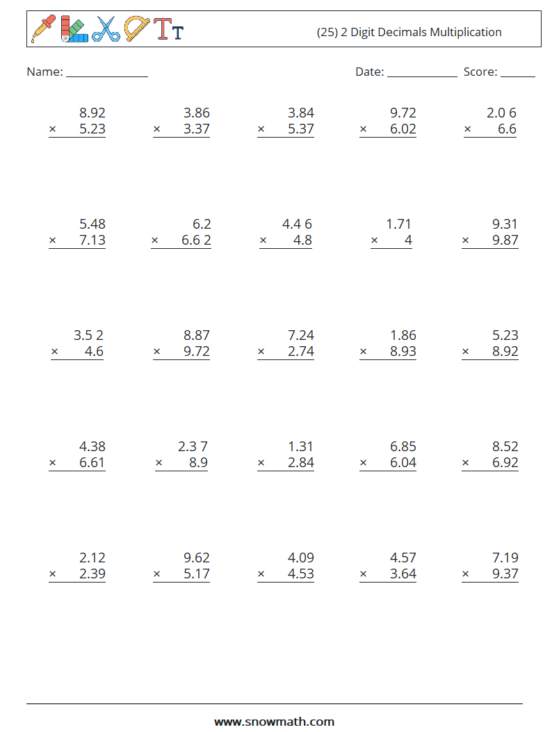 (25) 2 Digit Decimals Multiplication Maths Worksheets 14