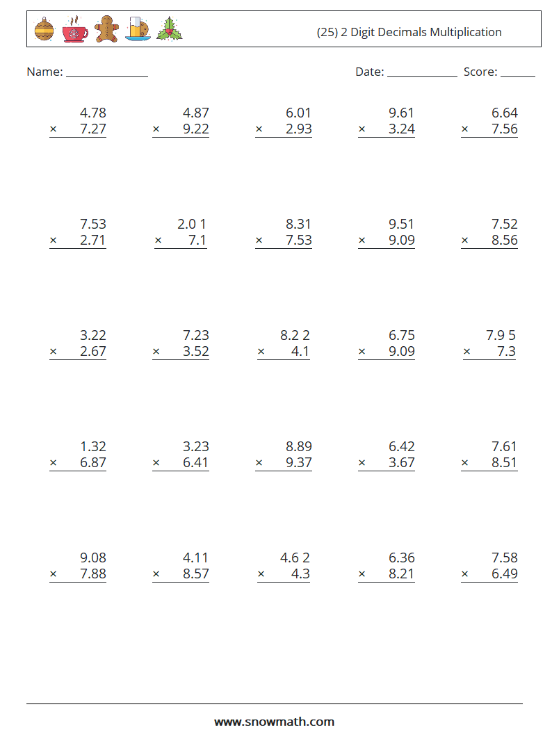 (25) 2 Digit Decimals Multiplication Maths Worksheets 15