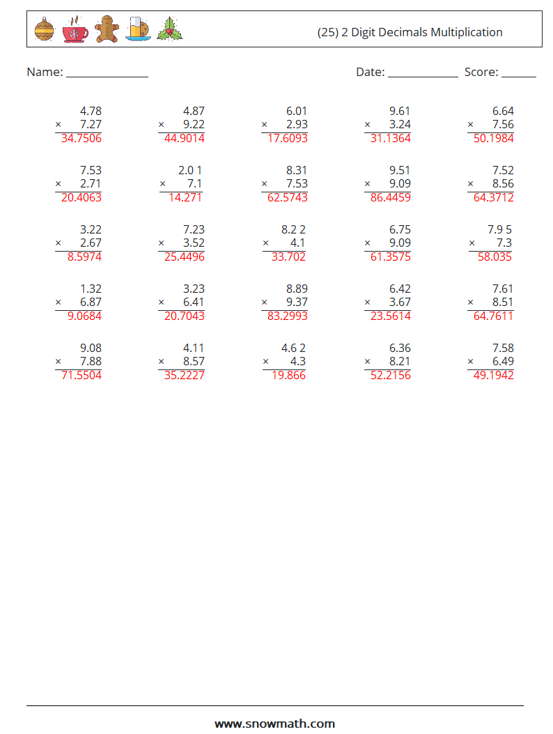 (25) 2 Digit Decimals Multiplication Maths Worksheets 15 Question, Answer