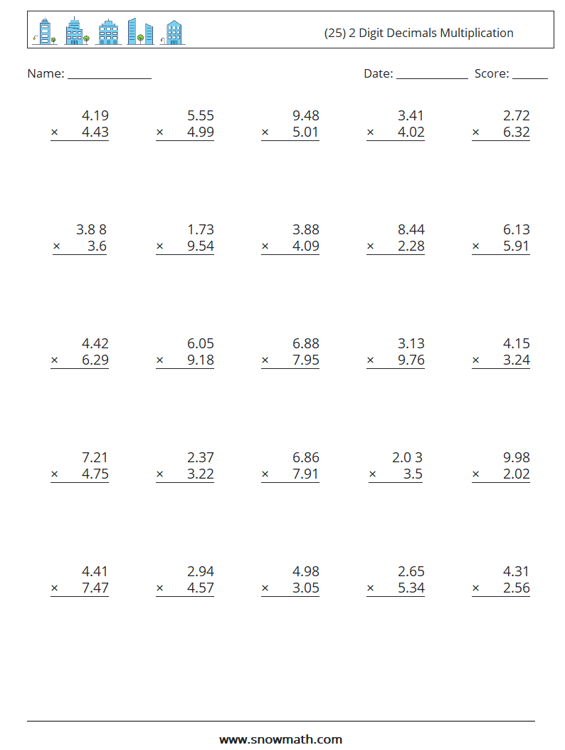 (25) 2 Digit Decimals Multiplication Maths Worksheets 17