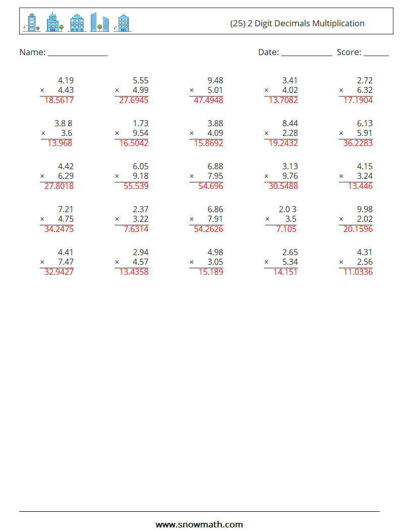 (25) 2 Digit Decimals Multiplication Maths Worksheets 17 Question, Answer