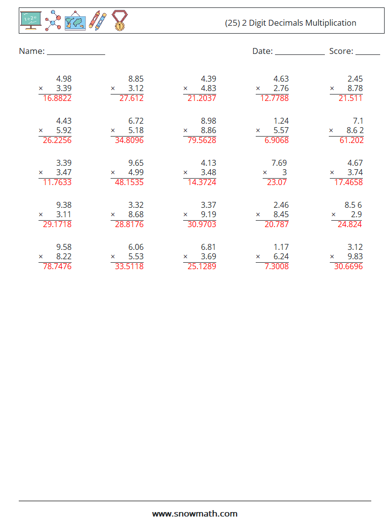(25) 2 Digit Decimals Multiplication Maths Worksheets 18 Question, Answer