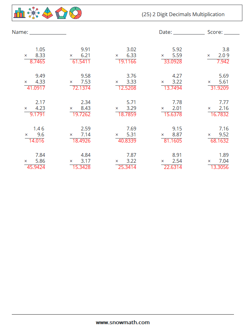 (25) 2 Digit Decimals Multiplication Maths Worksheets 2 Question, Answer
