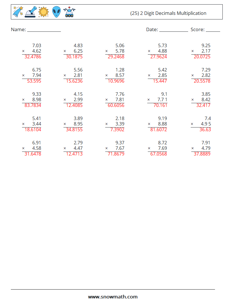 (25) 2 Digit Decimals Multiplication Maths Worksheets 3 Question, Answer