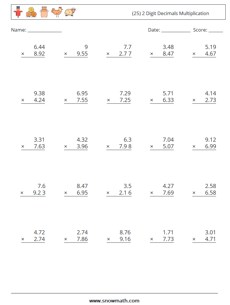 (25) 2 Digit Decimals Multiplication Maths Worksheets 4