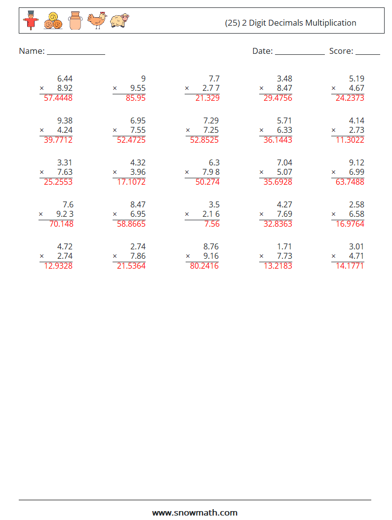(25) 2 Digit Decimals Multiplication Maths Worksheets 4 Question, Answer