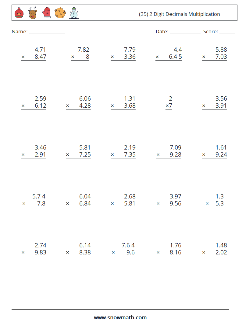(25) 2 Digit Decimals Multiplication Maths Worksheets 5