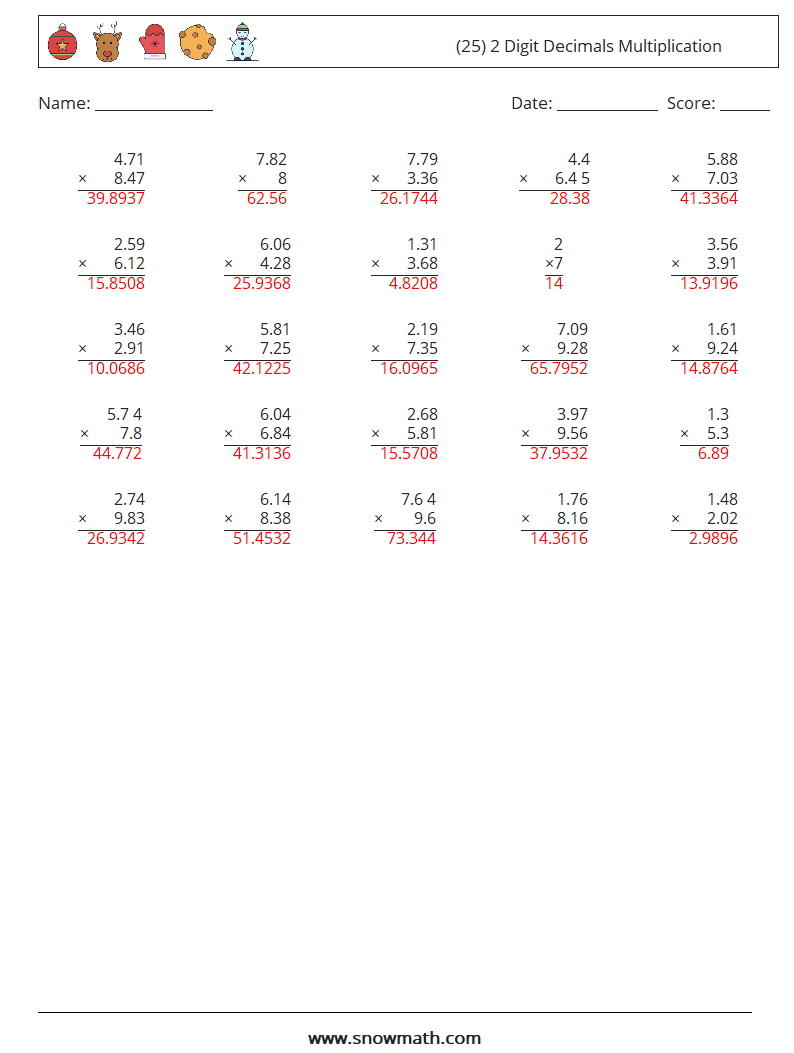 (25) 2 Digit Decimals Multiplication Maths Worksheets 5 Question, Answer