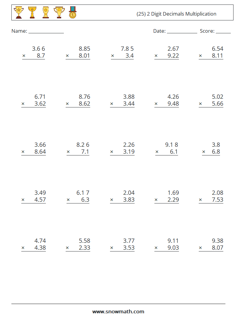 (25) 2 Digit Decimals Multiplication Maths Worksheets 6