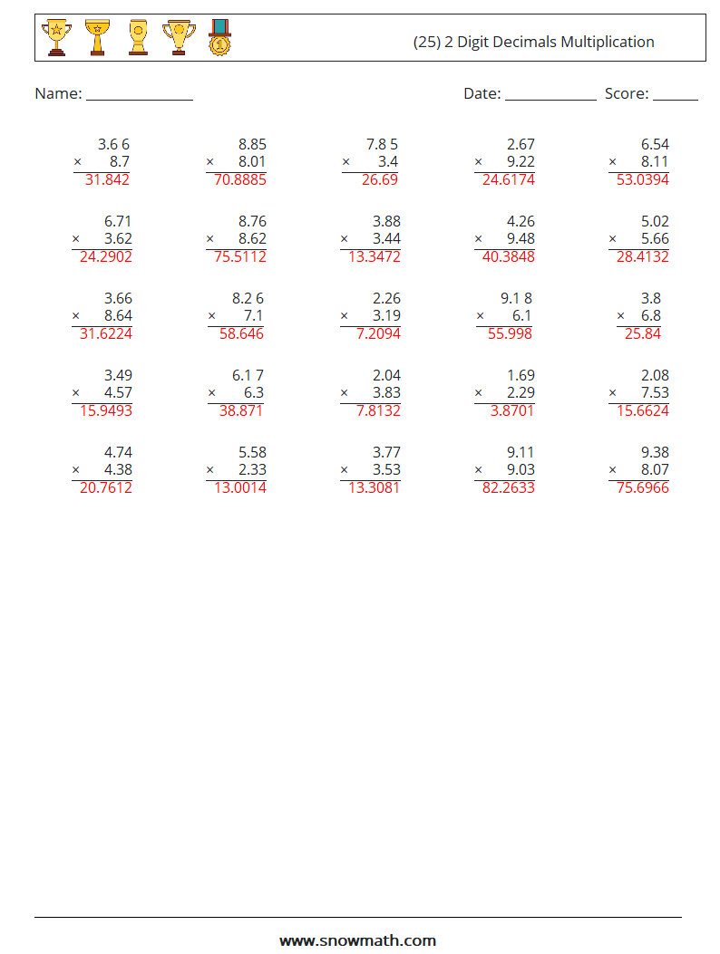 (25) 2 Digit Decimals Multiplication Maths Worksheets 6 Question, Answer