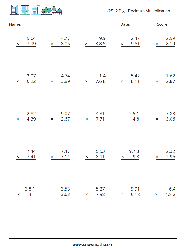 (25) 2 Digit Decimals Multiplication Maths Worksheets 7