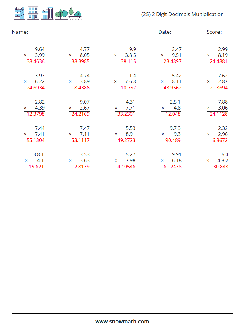 (25) 2 Digit Decimals Multiplication Maths Worksheets 7 Question, Answer