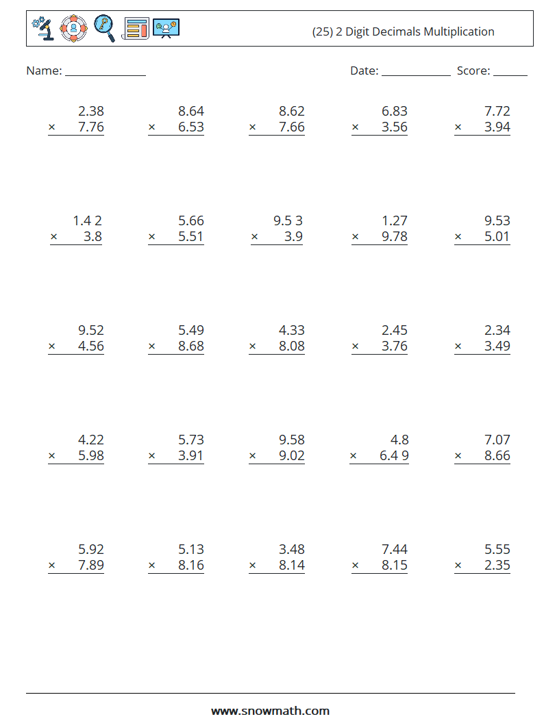 (25) 2 Digit Decimals Multiplication Maths Worksheets 8