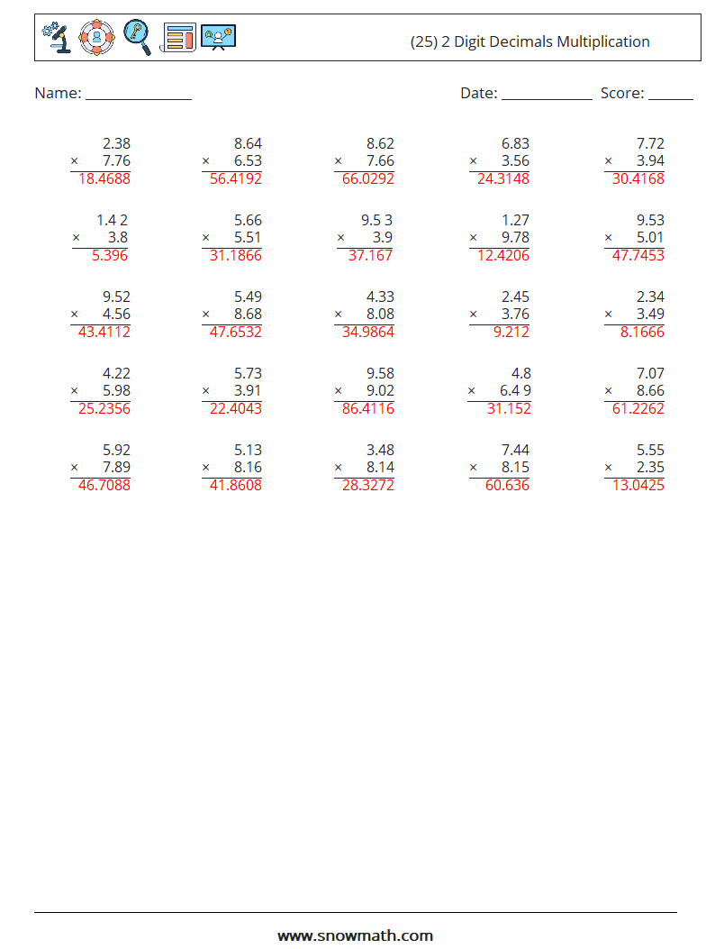 (25) 2 Digit Decimals Multiplication Maths Worksheets 8 Question, Answer