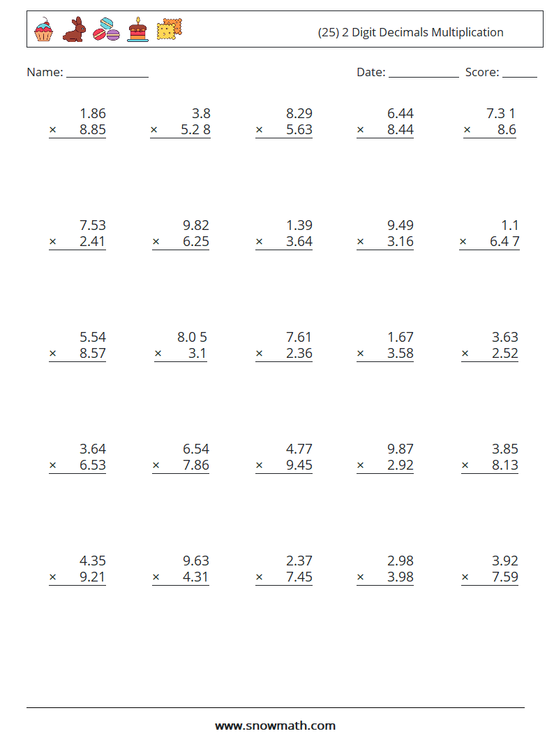 (25) 2 Digit Decimals Multiplication Maths Worksheets 9