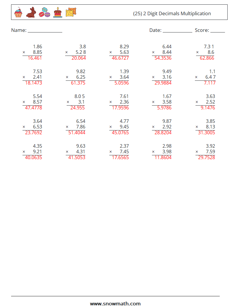 (25) 2 Digit Decimals Multiplication Maths Worksheets 9 Question, Answer