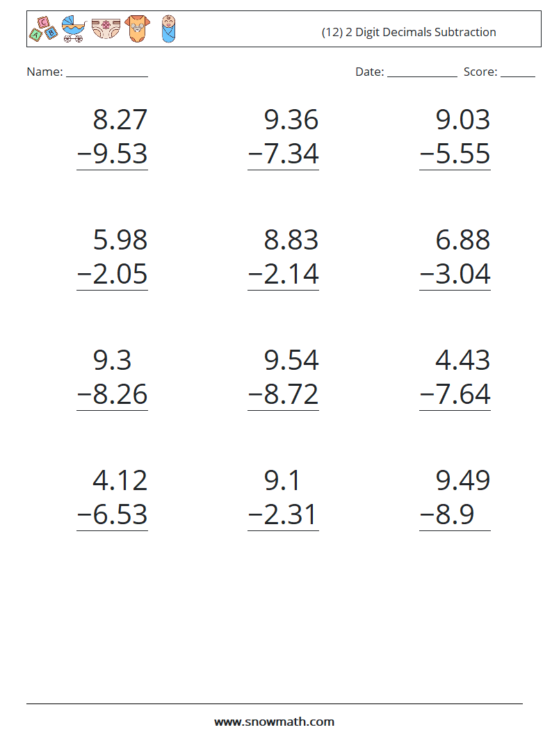 (12) 2 Digit Decimals Subtraction Maths Worksheets 1