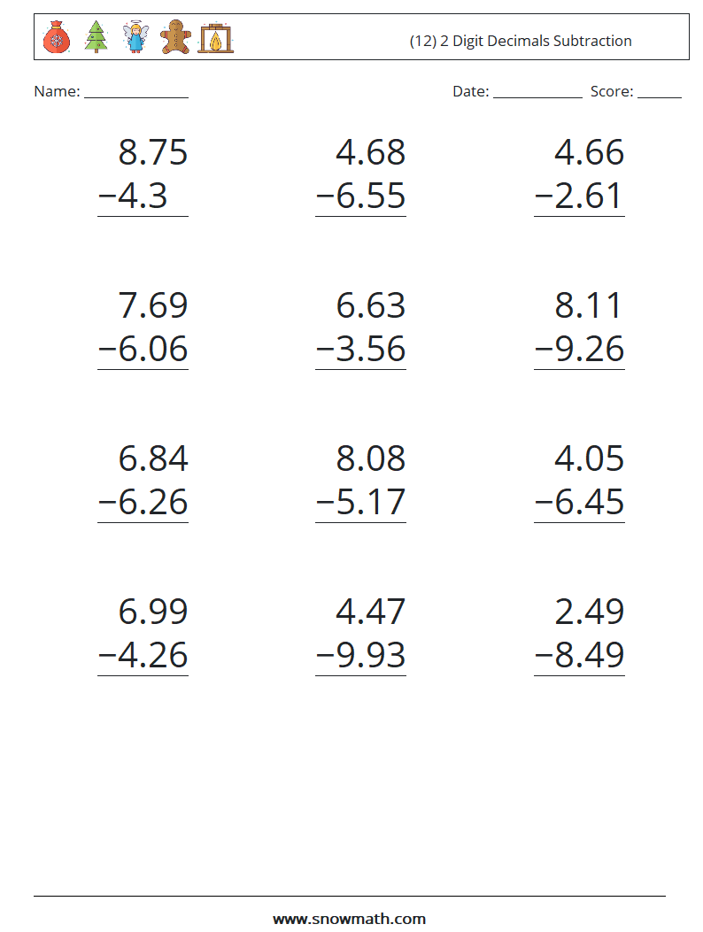 (12) 2 Digit Decimals Subtraction Maths Worksheets 10