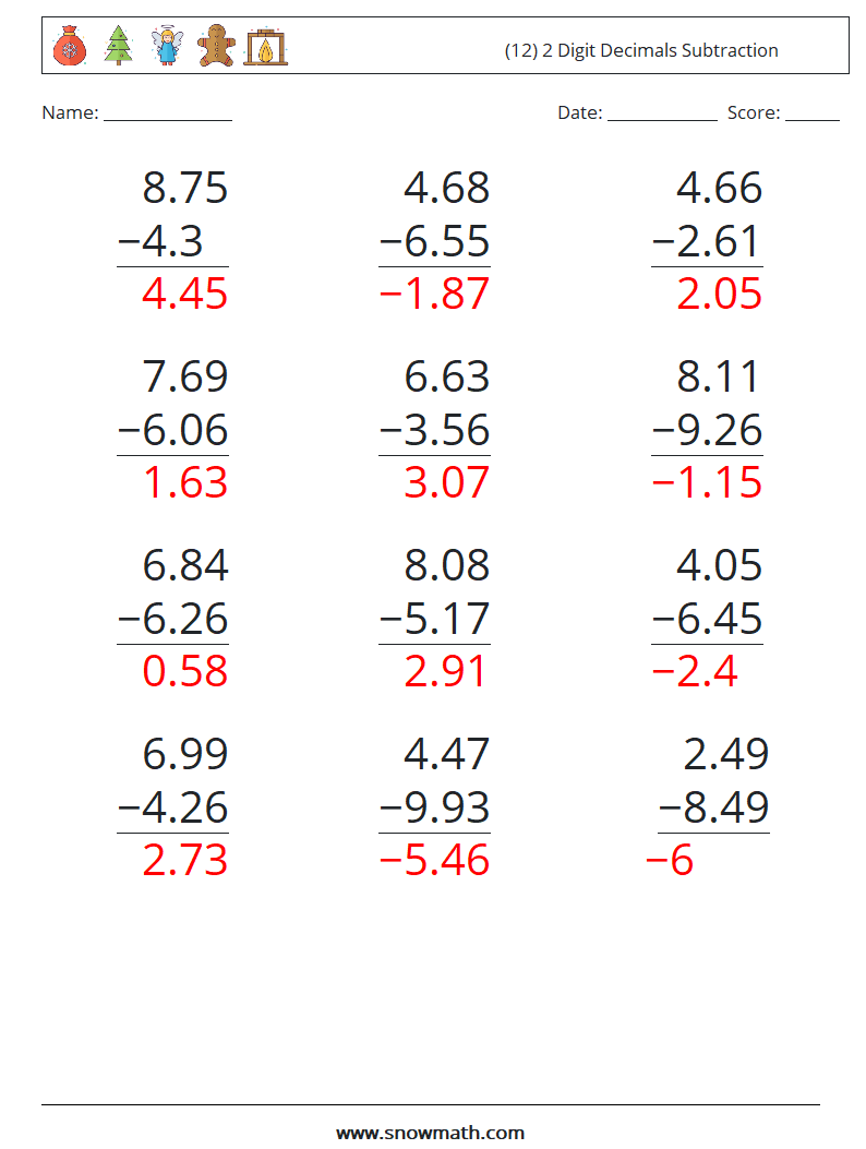 (12) 2 Digit Decimals Subtraction Maths Worksheets 10 Question, Answer