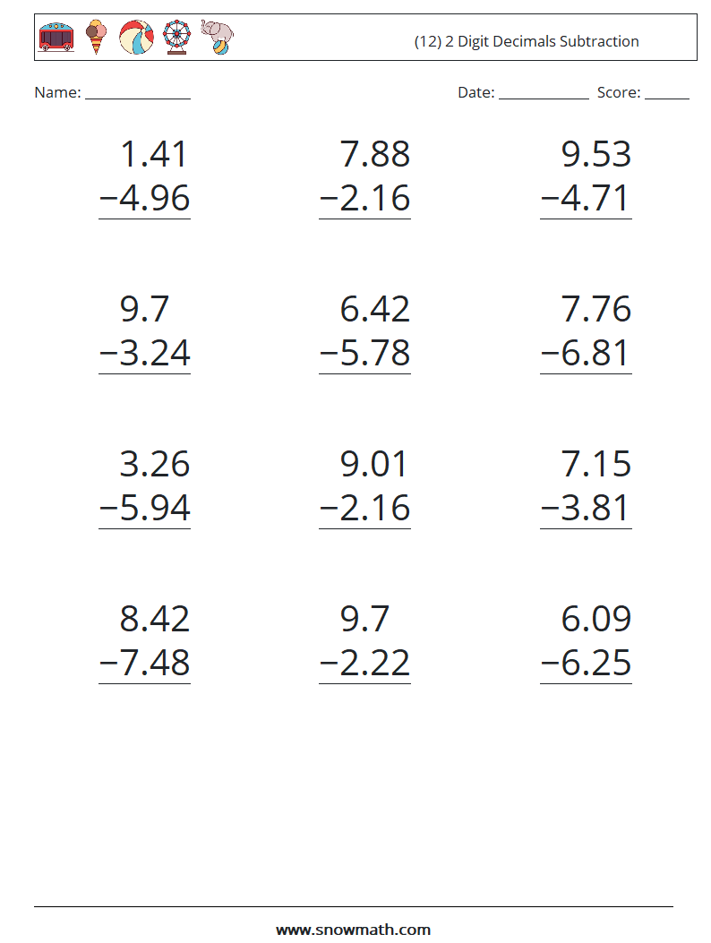 (12) 2 Digit Decimals Subtraction Maths Worksheets 14