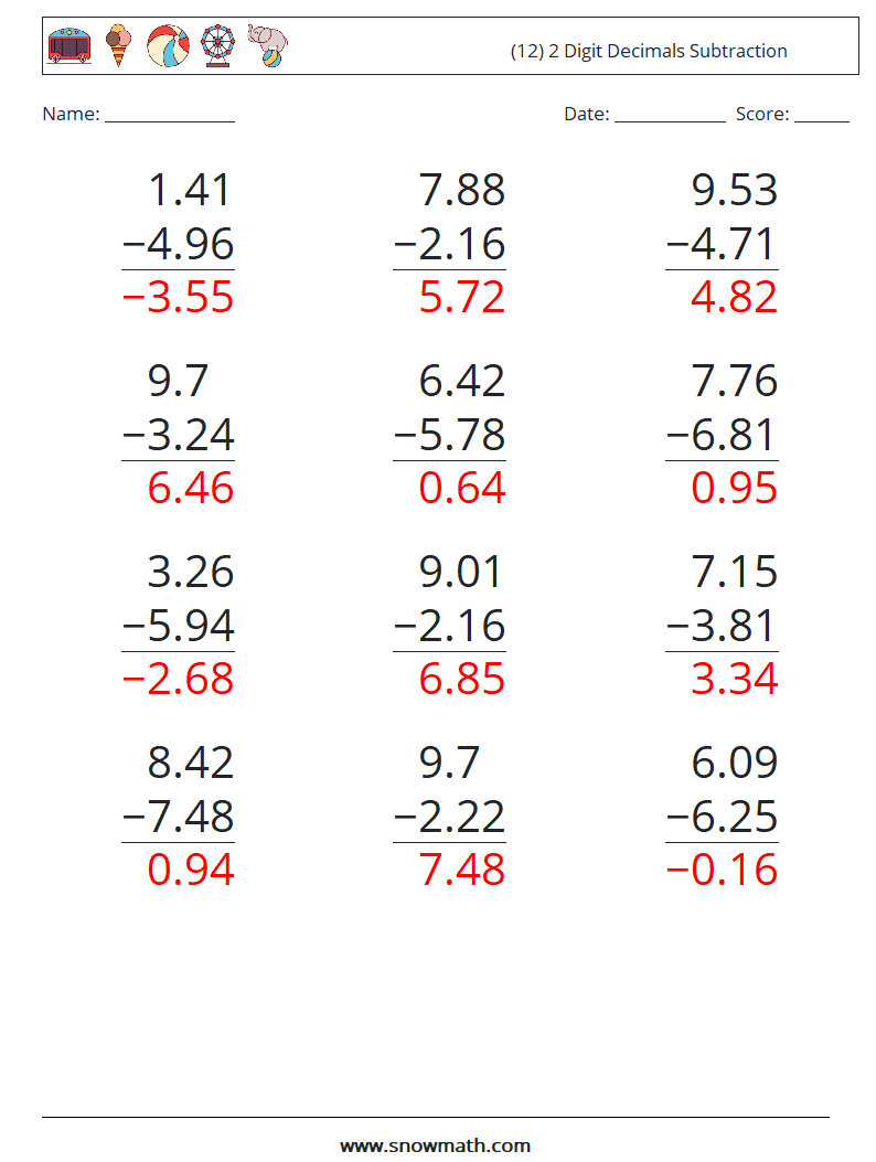(12) 2 Digit Decimals Subtraction Maths Worksheets 14 Question, Answer