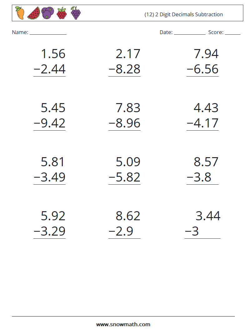 (12) 2 Digit Decimals Subtraction Maths Worksheets 15