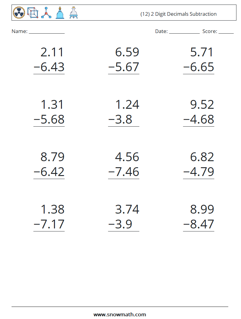 (12) 2 Digit Decimals Subtraction Maths Worksheets 16