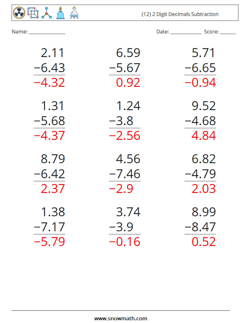 (12) 2 Digit Decimals Subtraction Maths Worksheets 16 Question, Answer