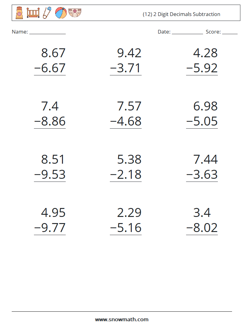 (12) 2 Digit Decimals Subtraction Maths Worksheets 17