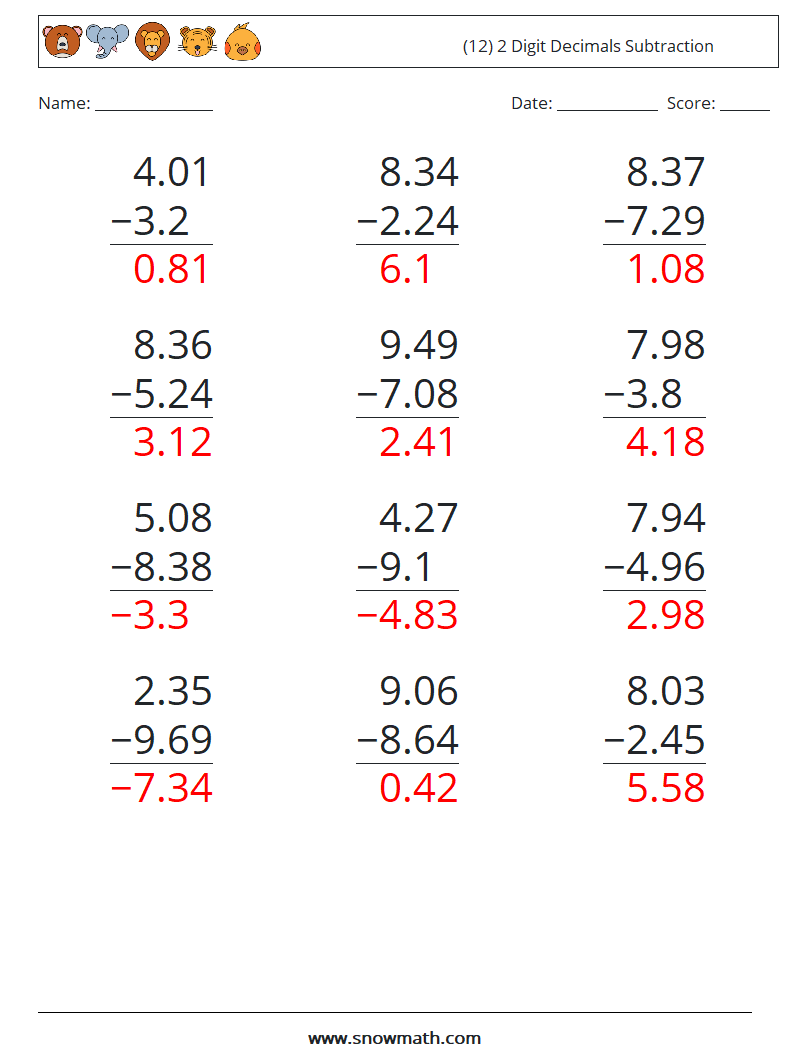 (12) 2 Digit Decimals Subtraction Maths Worksheets 18 Question, Answer