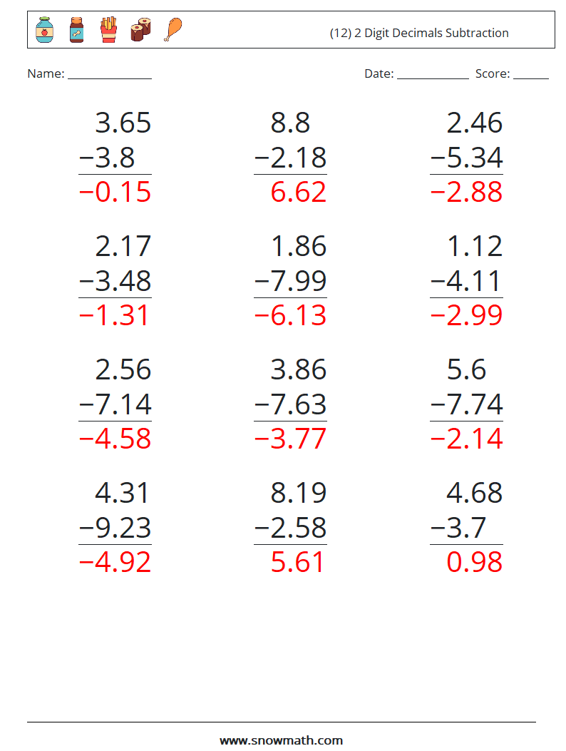 (12) 2 Digit Decimals Subtraction Maths Worksheets 2 Question, Answer