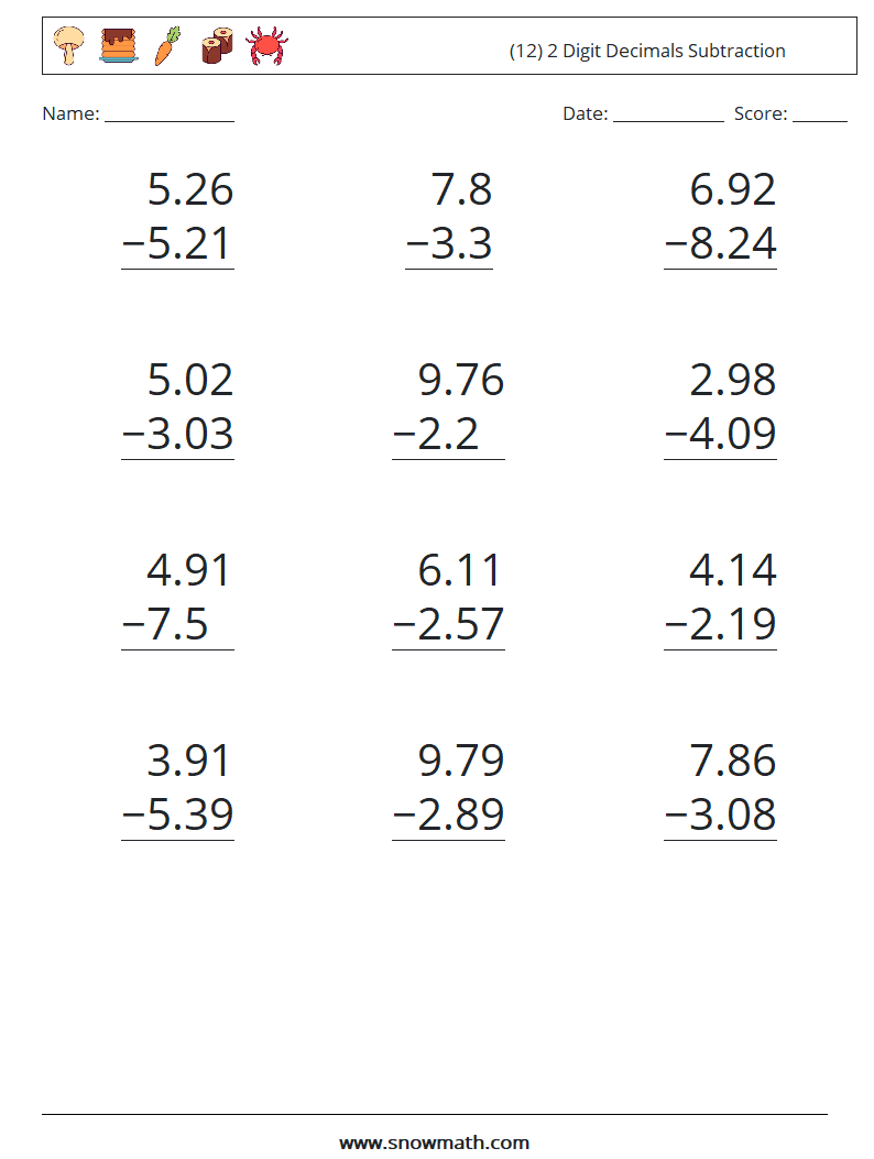 (12) 2 Digit Decimals Subtraction Maths Worksheets 3