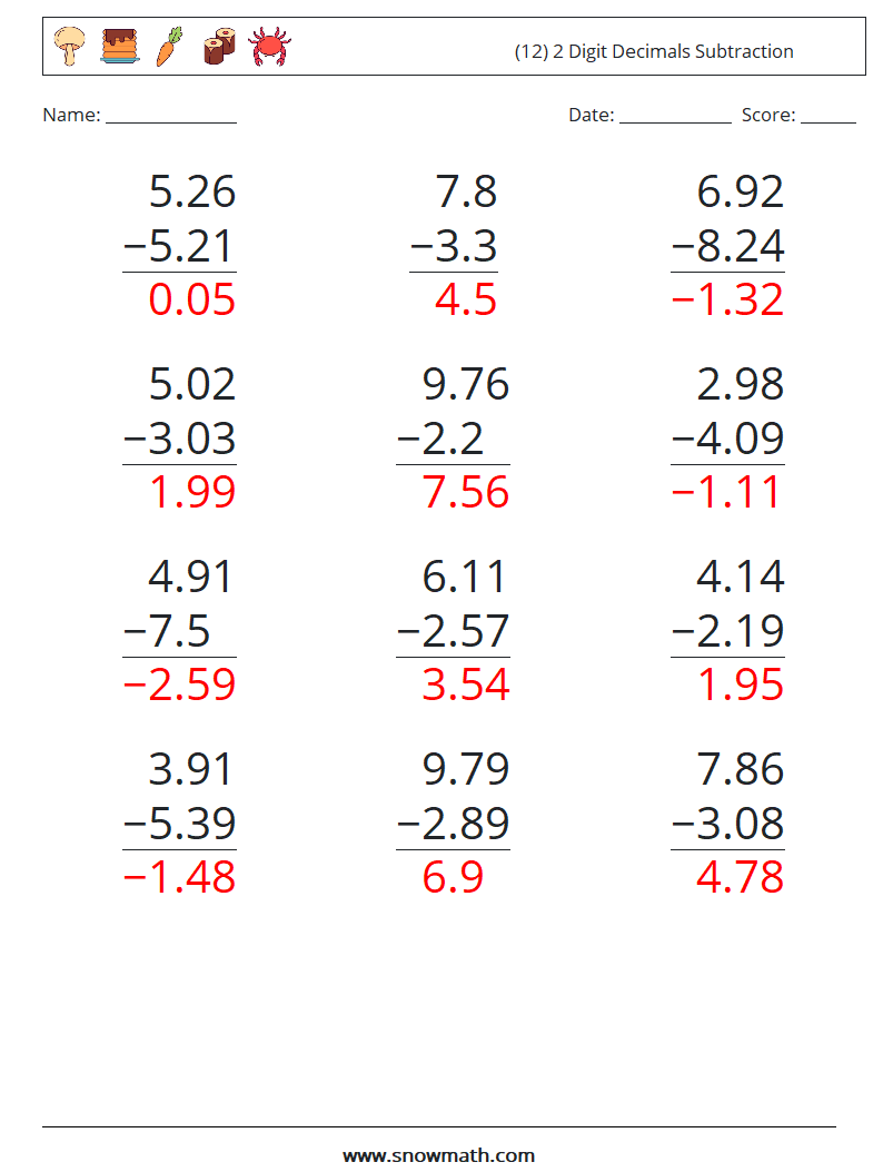 (12) 2 Digit Decimals Subtraction Maths Worksheets 3 Question, Answer