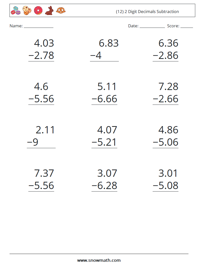 (12) 2 Digit Decimals Subtraction Maths Worksheets 5