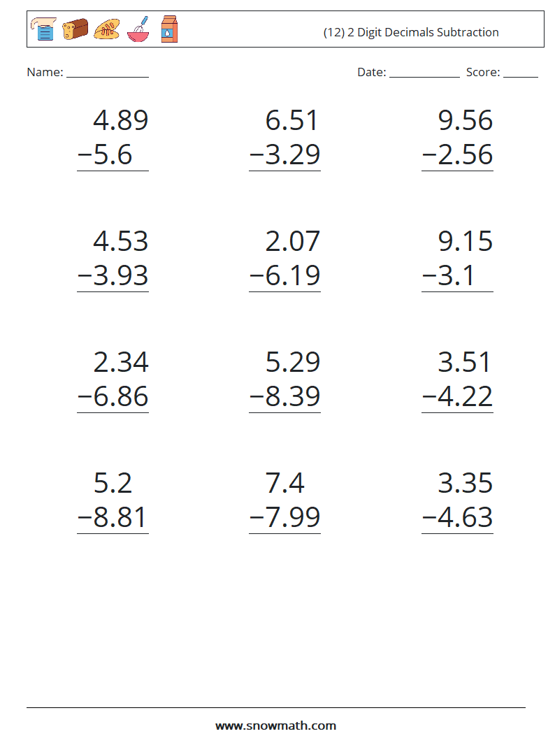 (12) 2 Digit Decimals Subtraction Maths Worksheets 6