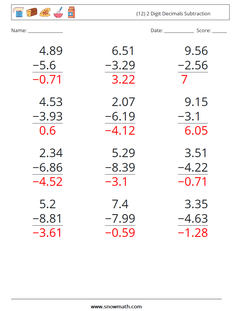 (12) 2 Digit Decimals Subtraction Maths Worksheets 6 Question, Answer