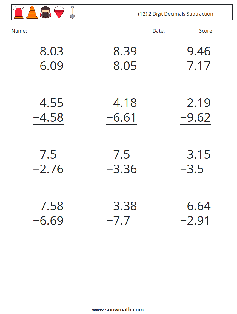 (12) 2 Digit Decimals Subtraction Maths Worksheets 7