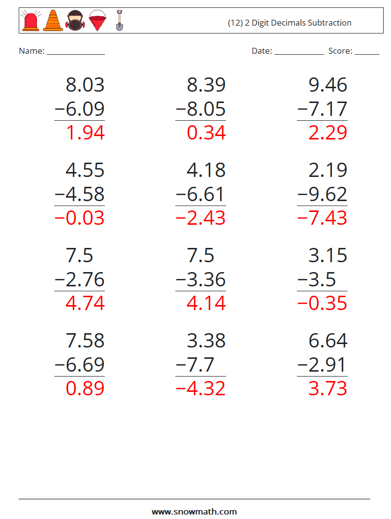 (12) 2 Digit Decimals Subtraction Maths Worksheets 7 Question, Answer