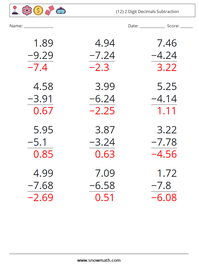 (12) 2 Digit Decimals Subtraction Maths Worksheets 8 Question, Answer