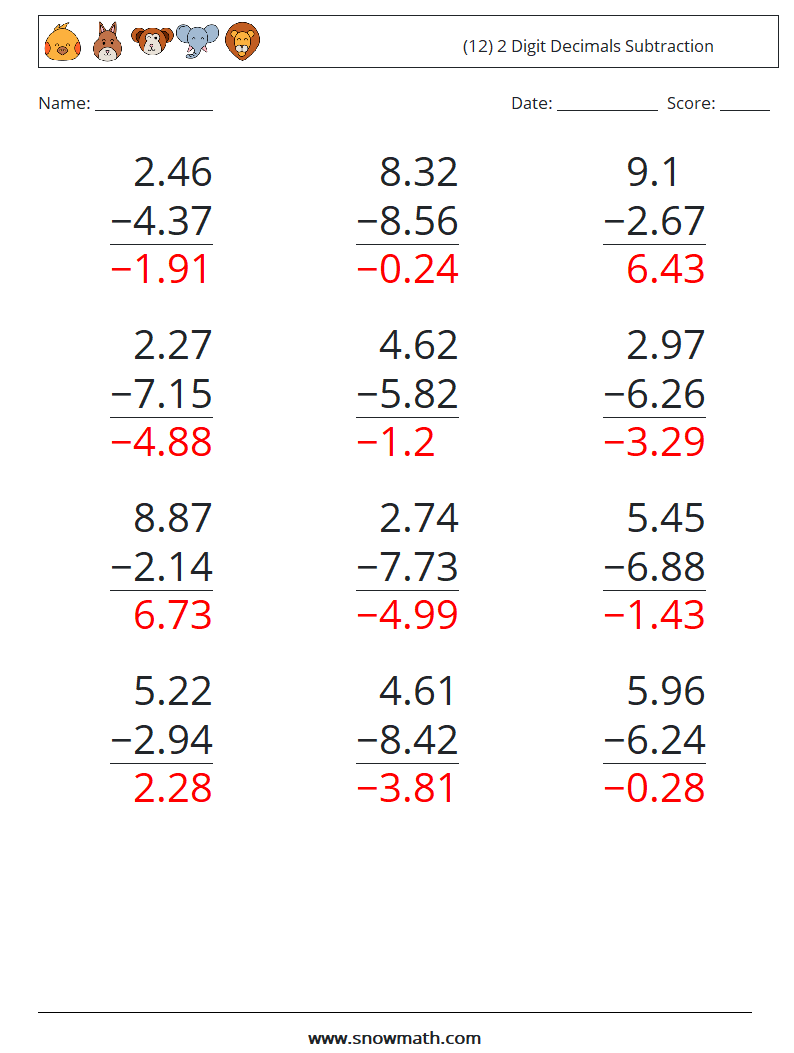 (12) 2 Digit Decimals Subtraction Maths Worksheets 9 Question, Answer