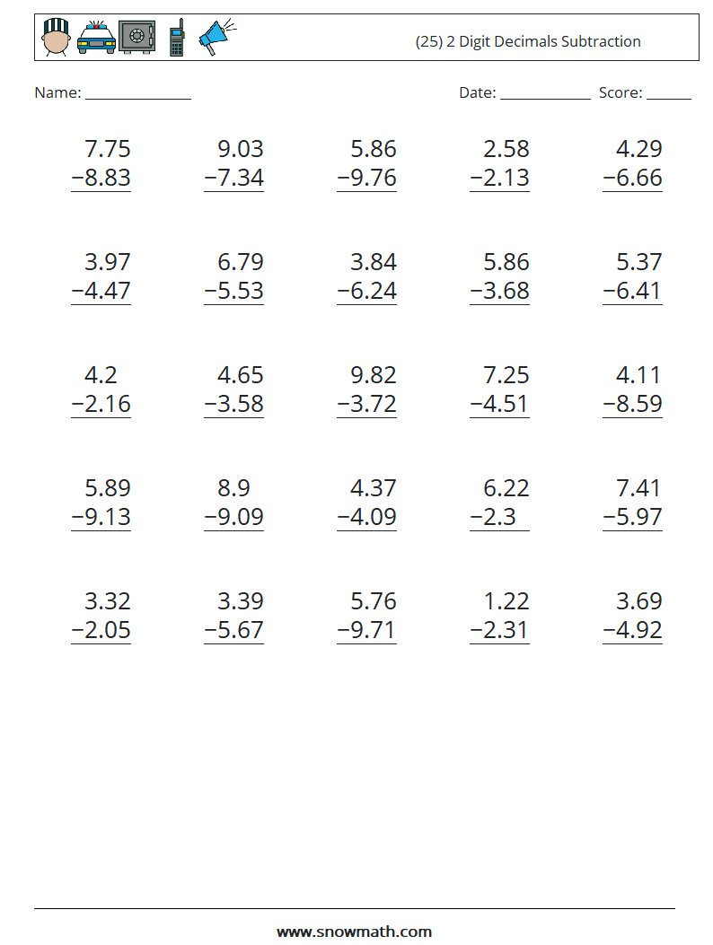 (25) 2 Digit Decimals Subtraction Maths Worksheets 10