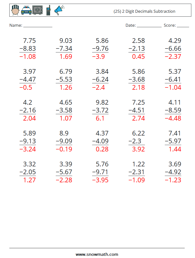 (25) 2 Digit Decimals Subtraction Maths Worksheets 10 Question, Answer