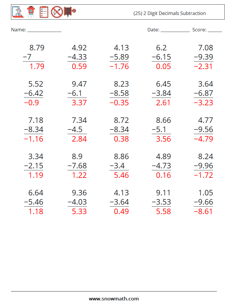 (25) 2 Digit Decimals Subtraction Maths Worksheets 11 Question, Answer