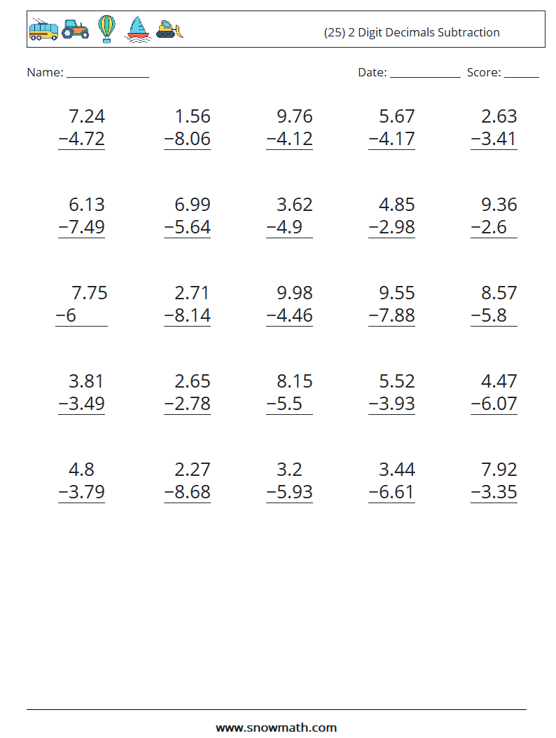 (25) 2 Digit Decimals Subtraction Maths Worksheets 13