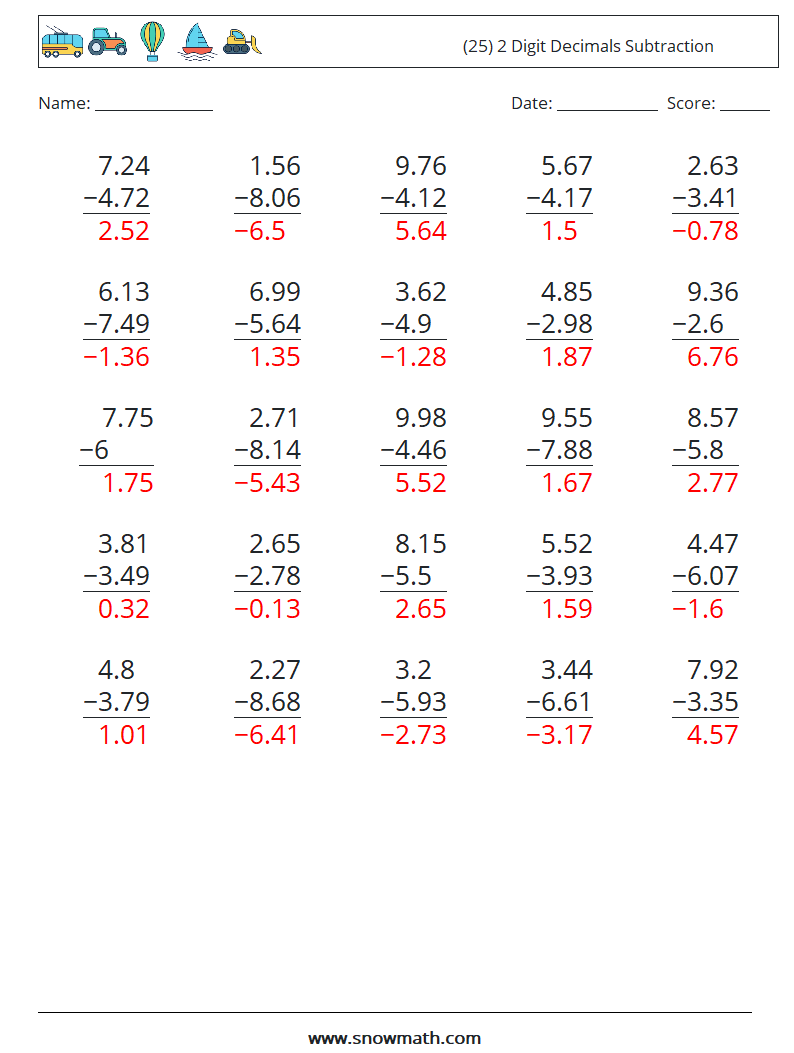 (25) 2 Digit Decimals Subtraction Maths Worksheets 13 Question, Answer