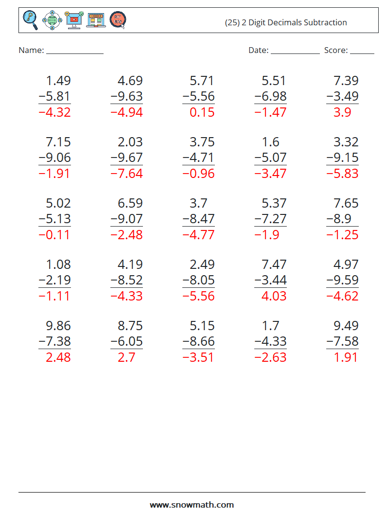 (25) 2 Digit Decimals Subtraction Maths Worksheets 15 Question, Answer