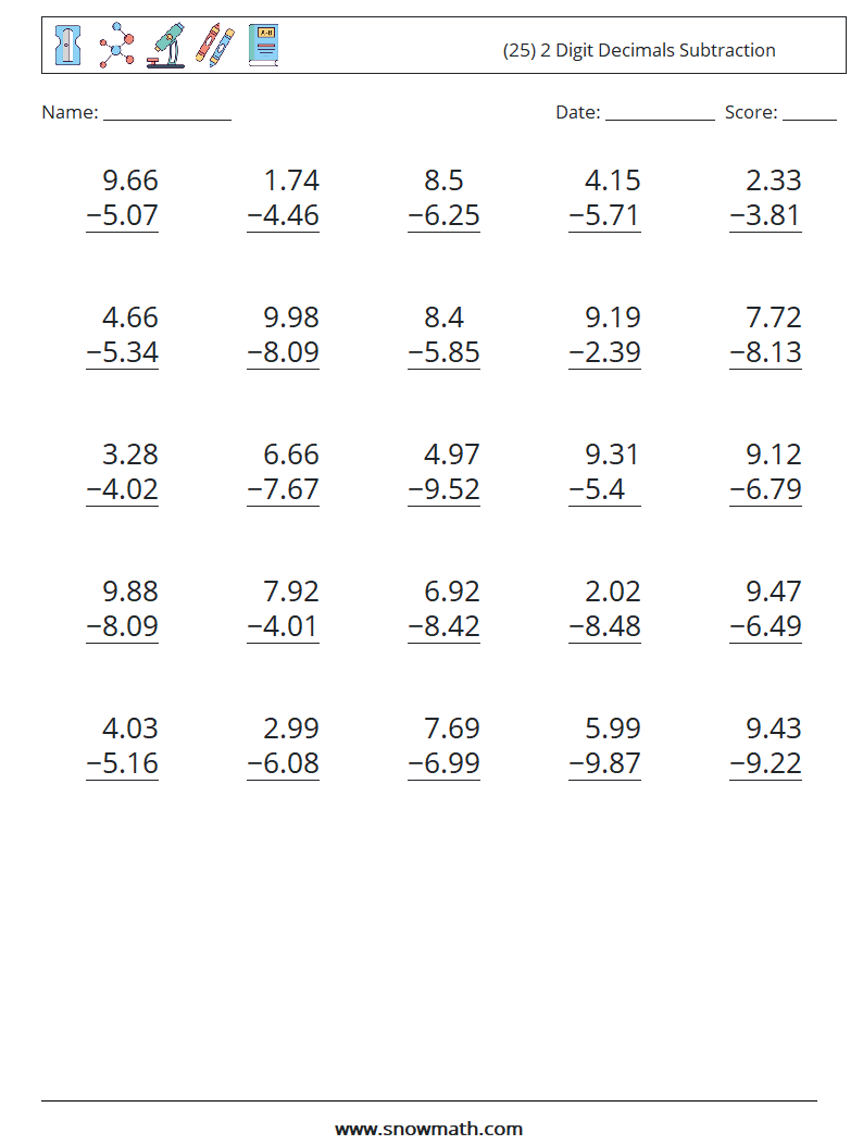 (25) 2 Digit Decimals Subtraction Maths Worksheets 16