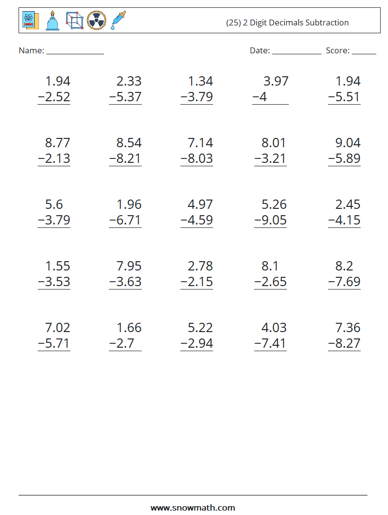 (25) 2 Digit Decimals Subtraction Maths Worksheets 17