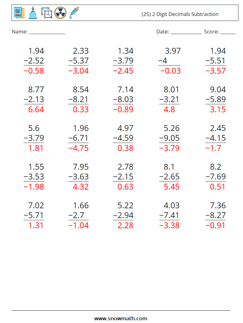 (25) 2 Digit Decimals Subtraction Maths Worksheets 17 Question, Answer